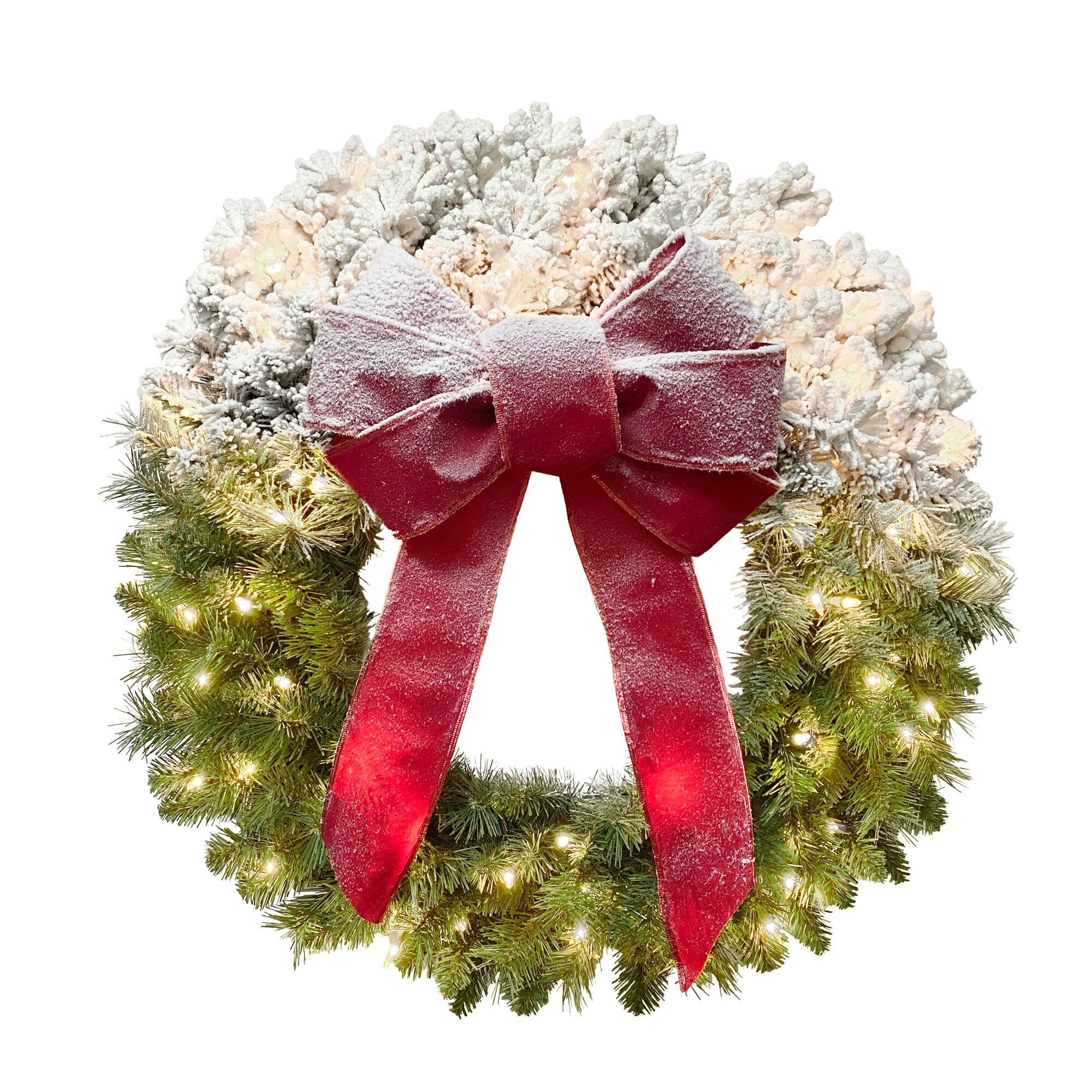 6 Pack: 30" Pre-Lit Half-Flocked Pine & Red Ribbon Wreath